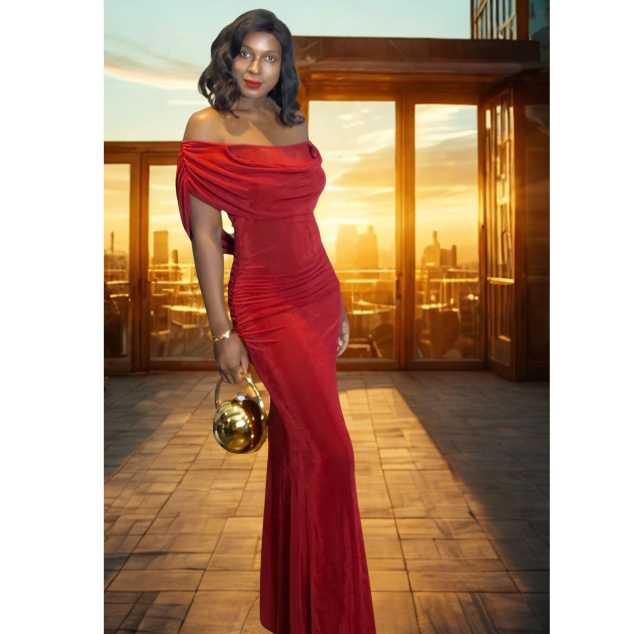 ruby red off-shoulder maxi dress