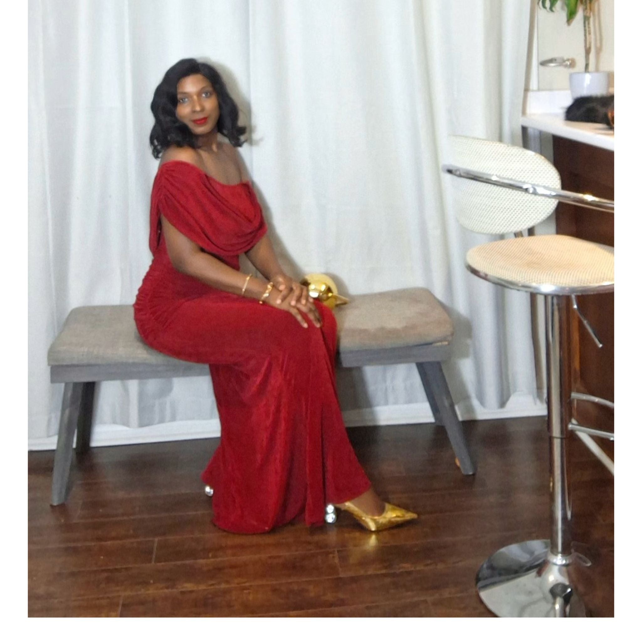 ruby red off-shoulder maxi dress